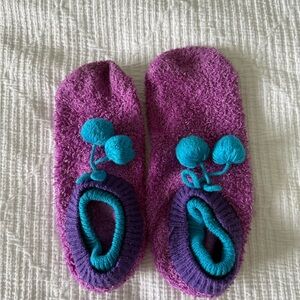 Cozy Fuzzy Slipper Socks in Magenta with Teal Pom Detail